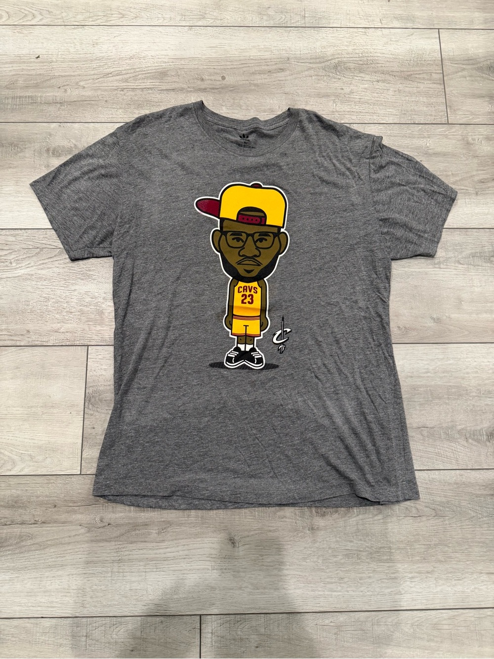 adidas Gray Short Sleeve Tee with Yellow & Maroon Cartoon Basketball Graphic